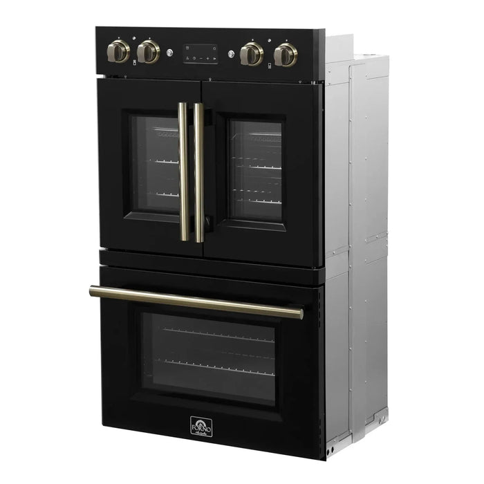 Forno Asti 30" Double Electric Wall Oven, Upper French Doors, Black with Antique Brass Trim, FBOEL1340-30BLK