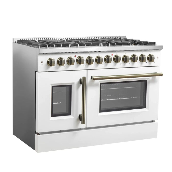 Forno Galiano 48" French Door Dual Fuel Range, 8 Burners, Electric Convection Oven, White Antique Brass Trim, FFSGS6356-48WHT