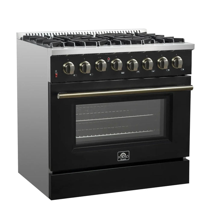 Forno Galiano Gold Professional - 36"Freestanding Dual Fuel Range Gas Stove, Electric Oven Black, Antique Brass Trim, FFSGS6156-36BLK