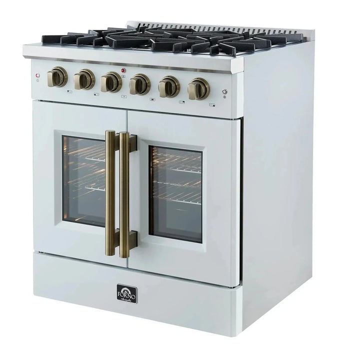 Forno Galiano 30" French Door Freestanding All Gas Range, White, Antique Brass Trim, FFSGS6444-30WHT