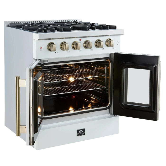 Forno Galiano 30" French Door Gas on Gas Range White Antique Brass Trim FFSGS6444-30WHT
