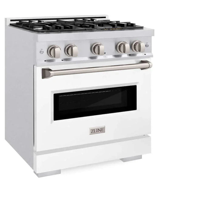 ZLINE 30" Dual Fuel Range, Gas Cooktop, Electric Convection Oven DuraSnow® Stainless Steel, White Matte Door CDRS-WM-30