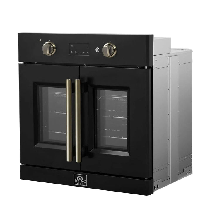 Forno Asti 30"French Door Electric Wall Oven in Black with Antique Brass Trim, FBOEL1333-30BLK