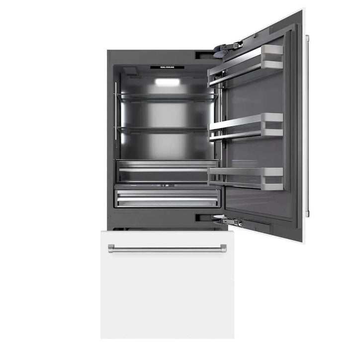 ZLINE 36" Built-In Bottom Freezer Refrigerator, Water Dispenser, Ice Maker, White Matte, Graphite Gray Interior GRBIT-WM-7209K