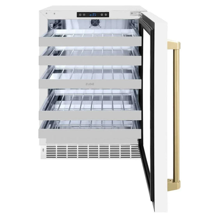 ZLINE 24" Touchstone Dual Zone 44 Bottle Wine Cooler White Matte Glass Door Champagne Bronze Handle RWDOZ-WM-24-CB