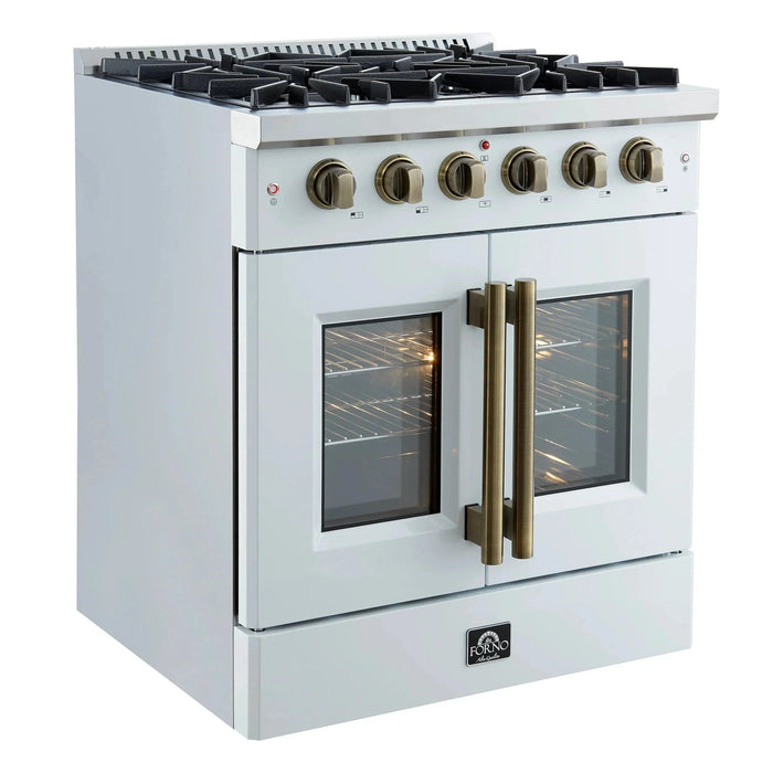 Forno Galiano 30" French Door Gas on Gas Range White Antique Brass Trim FFSGS6444-30WHT