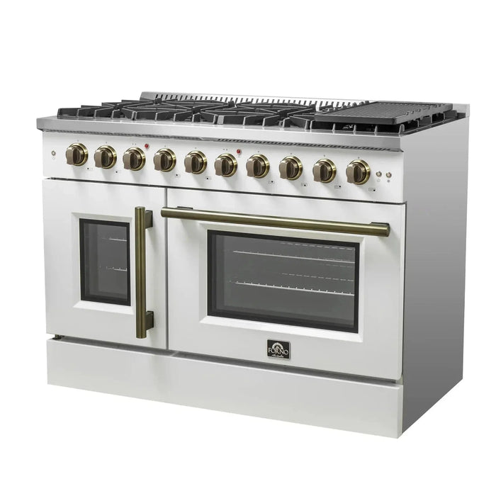 Forno Galiano 48"French Door Freestanding All Gas Range, White with Antique Brass Trim, FFSGS6444-48WHT