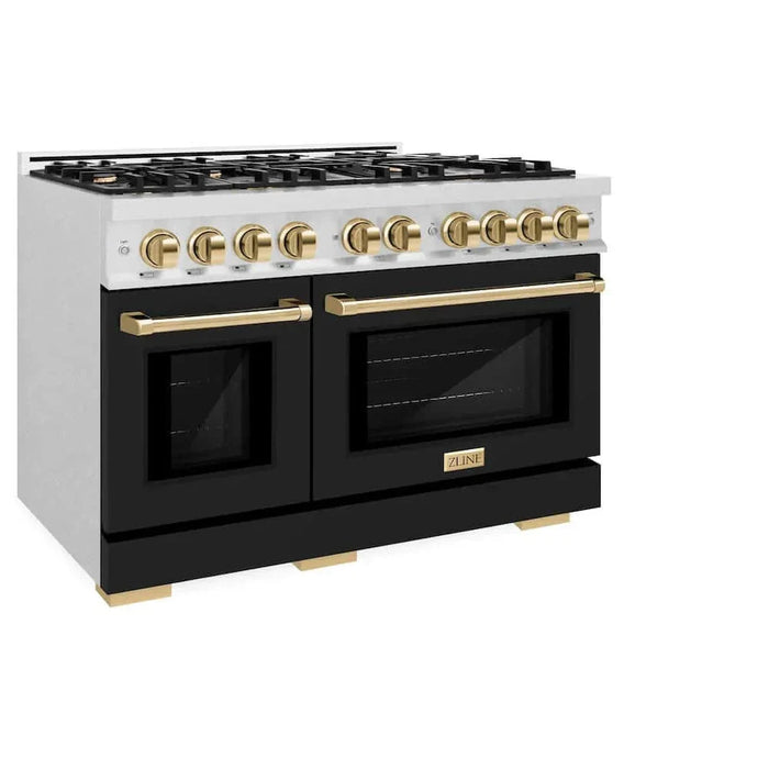 ZLINE 48" Select Gas Range  Convection Gas Oven DuraSnow® Stainless Steel Black Matte Door Gold HGRSZ-BLM-48-G09K