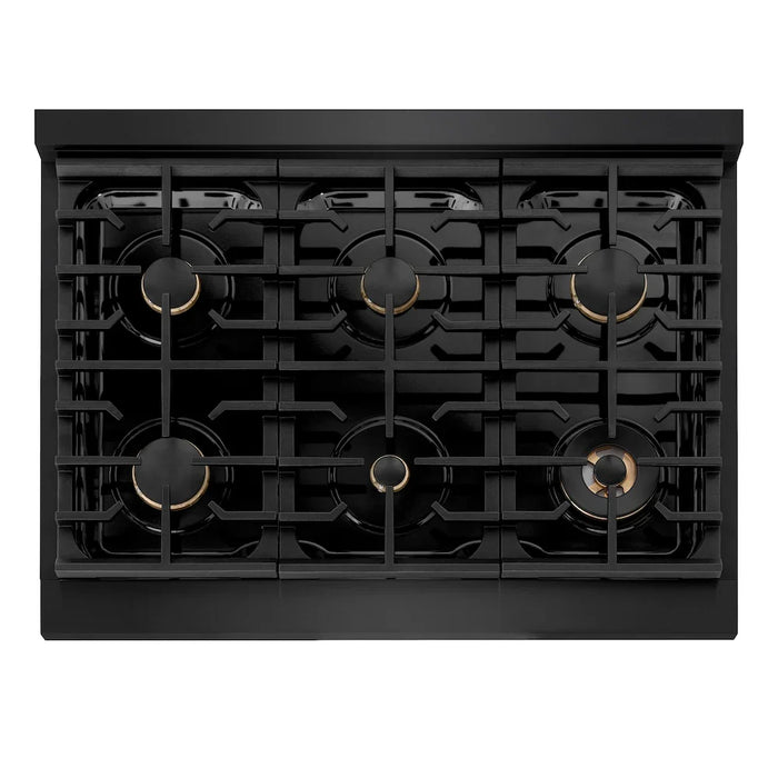 ZLINE Autograph Edition 36" Paramount Dual Fuel Range, 6 Burner Gas Cooktop, Electric Convection Oven, Black Stainless Steel, Helix Handle and Knob SDRBZ-36-KCB