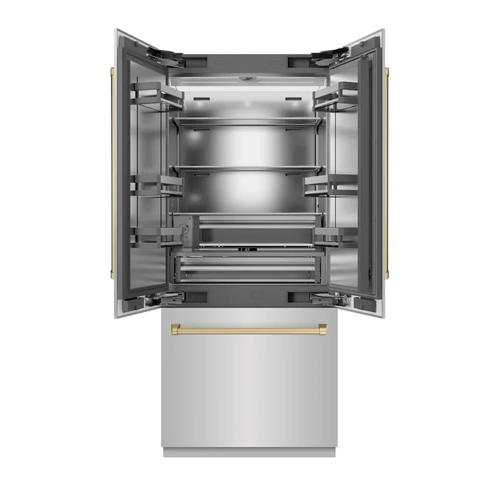 ZLINE 36" French Door Built-In Bottom Freezer Refrigerator, Water Dispenser, Ice Maker, Stainless Steel, Accents SRBIVZ-304-36CB09K