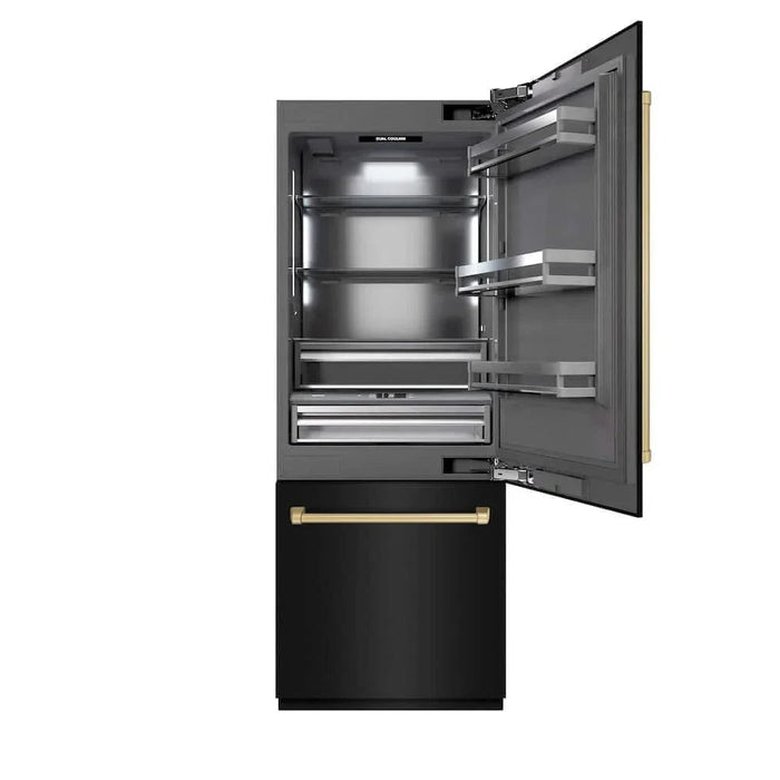 ZLINE 30" Built-In Bottom Freezer Refrigerator with Water Dispenser, Ice Maker, Black Stainless Steel, Graphite Gray Interior, Champagne Bronze GRBIVZ-BS-30-CB
