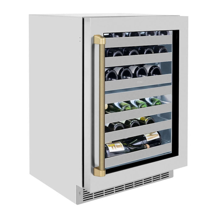 ZLINE Autograph 24" Dual Zone 44 Bottle Wine Cooler With Stainless Steel Glass Door, Helix Handle, Accents RWDOZ-GS-24-KCB