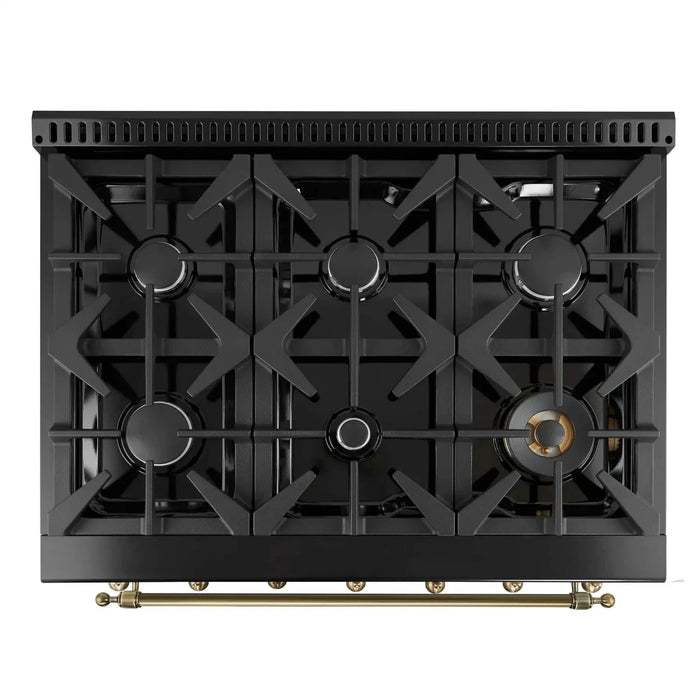 Forno Antico 36" Dual Fuel Range 6 Gas Burner Cooktop Electric Convection Oven Black Antique Brass Trim, FFSGS6113-36BLK