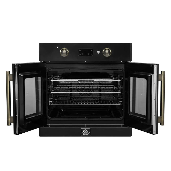 Forno Asti 30"French Door Electric Wall Oven in Black with Antique Brass Trim, FBOEL1333-30BLK