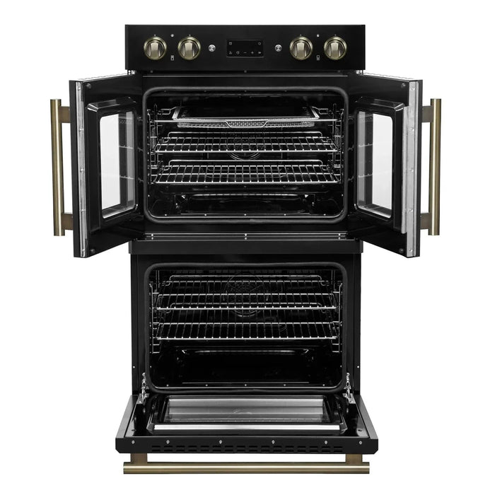 Forno Asti 30" Double Electric Wall Oven, Upper French Doors, Black with Antique Brass Trim, FBOEL1340-30BLK