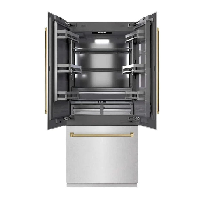 ZLINE 36" Built-In Bottom Freezer Refrigerator with Water Dispenser, Ice Maker, DuraSnow® Stainless Steel, Graphite Gray Interior, Champagne Bronze GRBIVZ-SN-36-CB09K