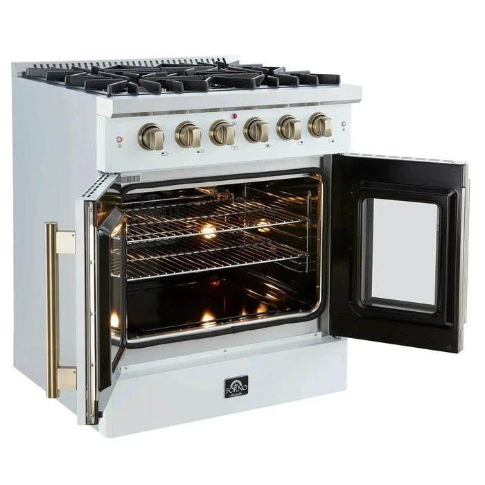 Forno Galiano 30" French Door Freestanding All Gas Range, White, Antique Brass Trim, FFSGS6444-30WHT