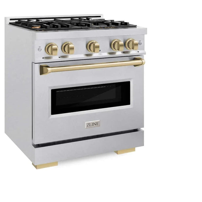 ZLINE 30" Dual Fuel Range, Gas Cooktop, Electric Convection Oven DuraSnow® Stainless Steel, Champagne Bronze CDRSZ-30-CB