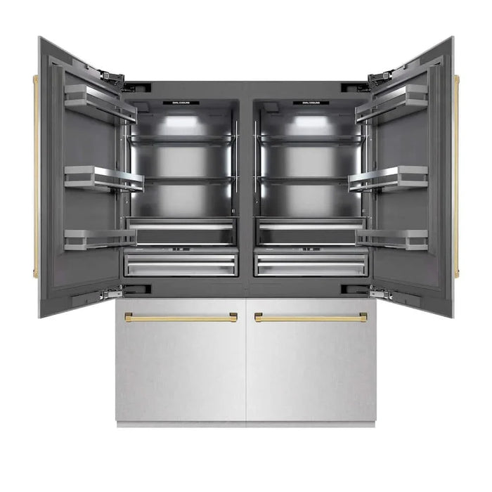 ZLINE 60" Built-In Bottom Freezer Refrigerator with Water Dispenser, Ice Maker, DuraSnow® Stainless Steel, Graphite Gray Interior, Polished Gold GRBIVZ-SN-60-G