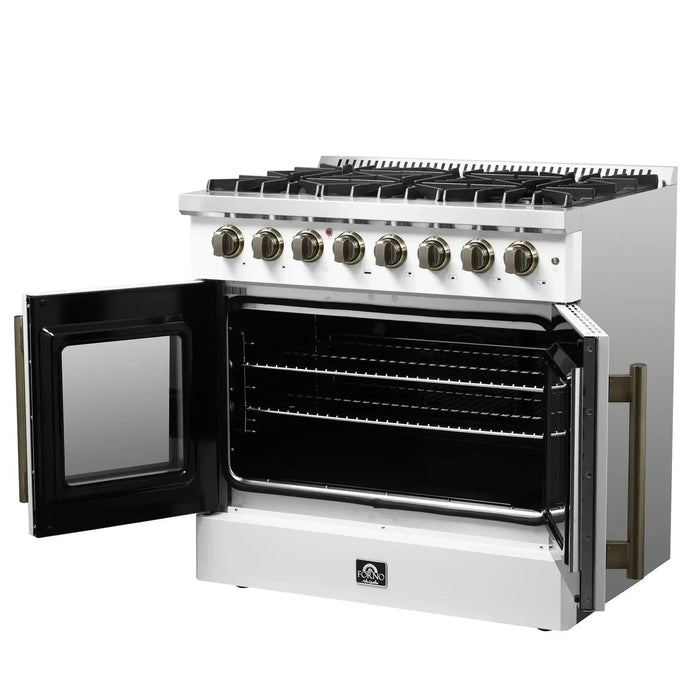 Forno Galiano 36"French DoorDual Fuel Range, Gas Stove, Electric Oven White, Antique Brass Trim, FFSGS6356-36WHT