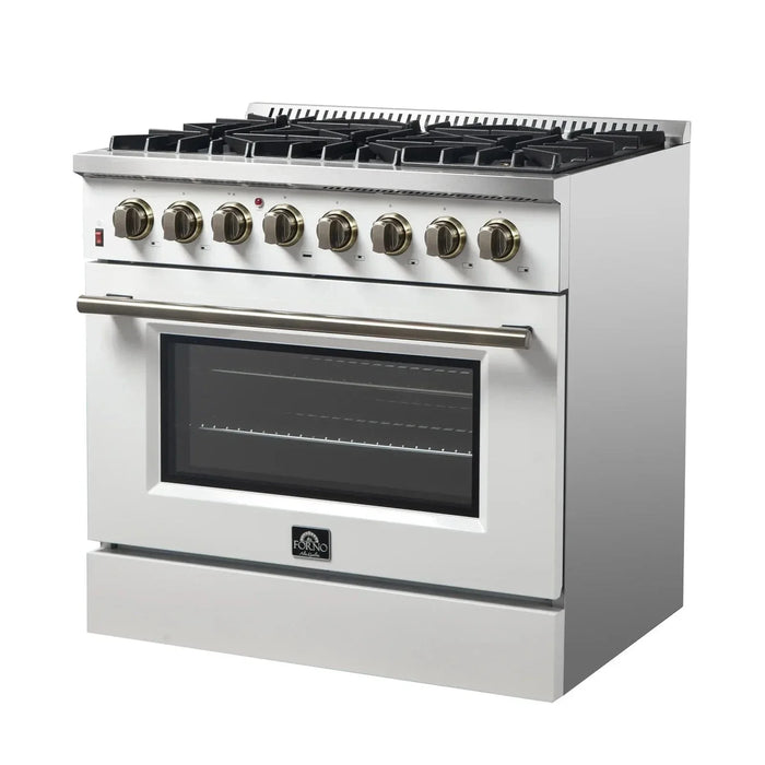 Forno Galiano Gold Professional - 36"Freestanding Dual Fuel Range Gas Stove, Electric Oven White, Antique Brass Trim, FFSGS6156-36WHT