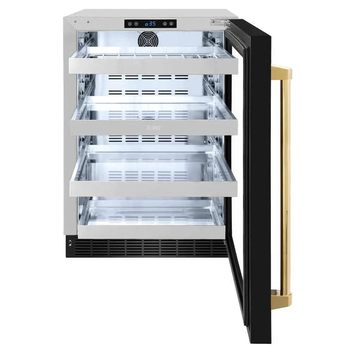 ZLINE 24" Touchstone 151 Can Beverage Fridge Black Stainless Steel Glass Door Gold Handle RBSOZ-BS-24-G