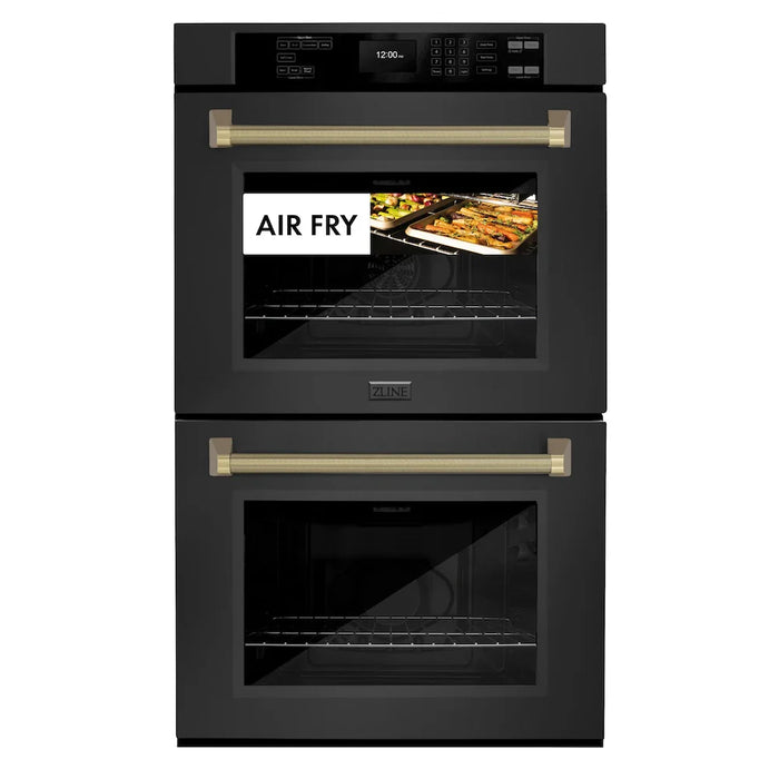 ZLINE Autograph Edition 30" Professional True Convection Double Wall Oven, Air Fry, Self Clean, Black Stainless Steel, Helix Handles WADBZ-30-KCB