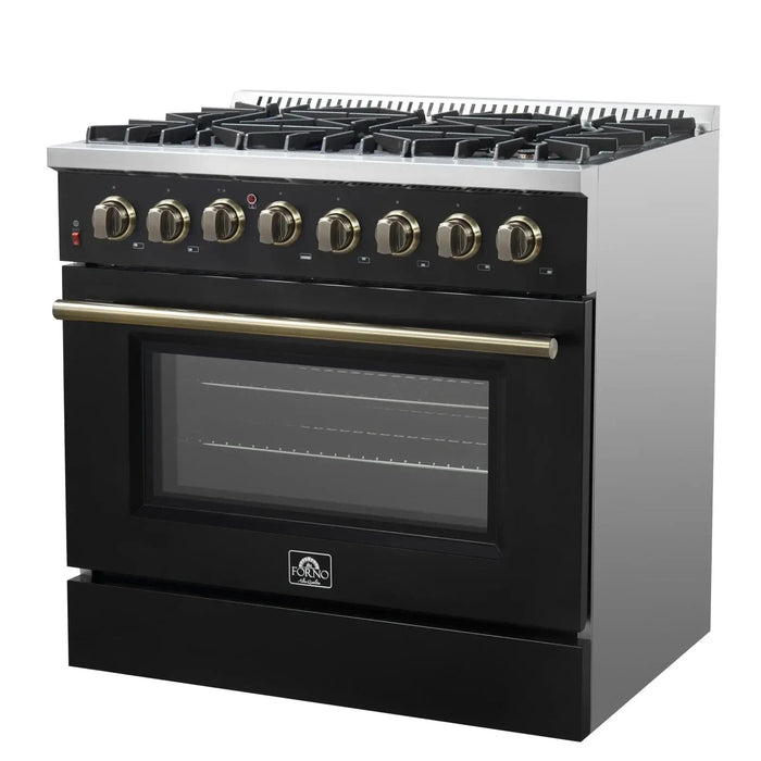 Forno Galiano Gold Professional - 36"Freestanding Dual Fuel Range Gas Stove, Electric Oven Black, Antique Brass Trim, FFSGS6156-36BLK