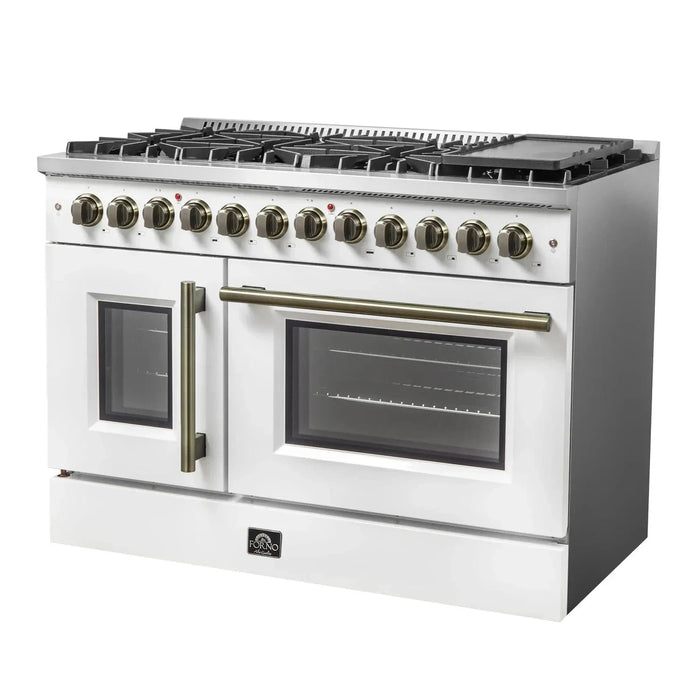 Forno Galiano 48" French Door Dual Fuel Range, 8 Burners, Electric Convection Oven, White Antique Brass Trim, FFSGS6356-48WHT