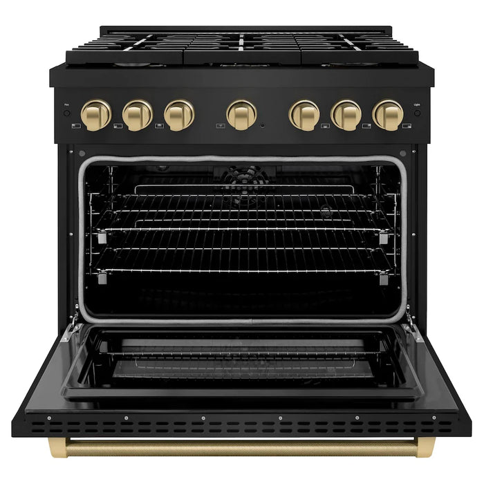 ZLINE Autograph Edition 36" Paramount Dual Fuel Range, 6 Burner Gas Cooktop, Electric Convection Oven, Black Stainless Steel, Helix Handle and Knob SDRBZ-36-KCB