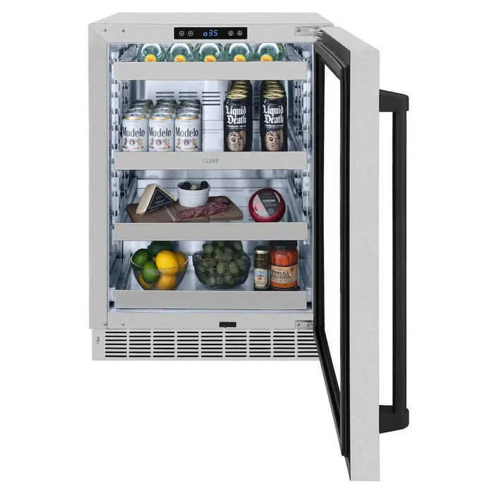ZLINE 24" Touchstone 151 Can Beverage Fridge DuraSnow® Stainless Steel Glass Door Matte Black Handle RBSOZ-SN-24-MB09K