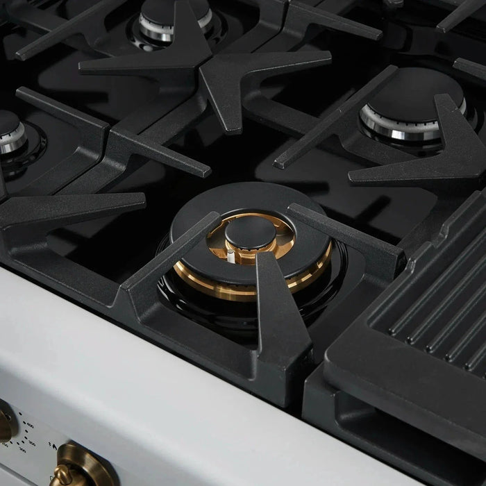 Forno Antico 48"Dual Range, 8 Gas Burner Cooktop, Electric Convection Oven White, Antique Brass Trim, FFSGS6113-48WHT