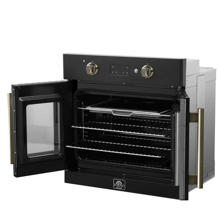 Forno Asti 30"French Door Electric Wall Oven in Black with Antique Brass Trim, FBOEL1333-30BLK