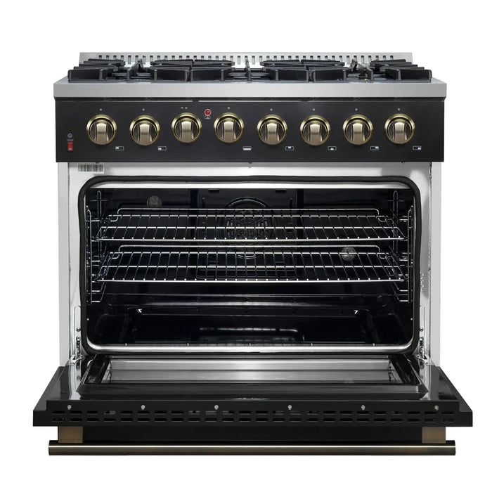 Forno Galiano Gold Professional - 36"Freestanding Dual Fuel Range Gas Stove, Electric Oven Black, Antique Brass Trim, FFSGS6156-36BLK