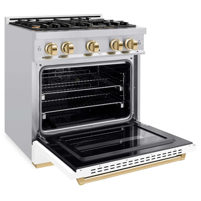 ZLINE 30" Classic Gas Range, Convection Gas Oven Stainless Steel, White Matte Door Polished Gold CGRZ-WM-30-G