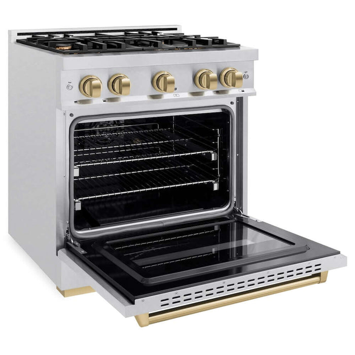 ZLINE 30" Dual Fuel Range, Gas Cooktop, Electric Convection Oven DuraSnow® Stainless Steel, Champagne Bronze CDRSZ-30-CB