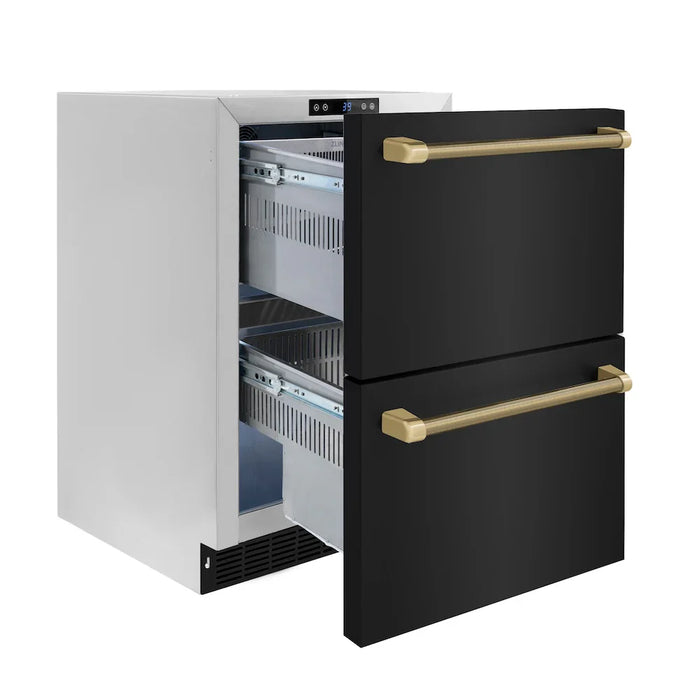 ZLINE Autograph Edition 24" Touchstone 168 Can Outdoor-Rated Dual Refrigerator Drawer, Black Stainless Steel Doors, Helix Handles RDSOZ-BS-24-KCB