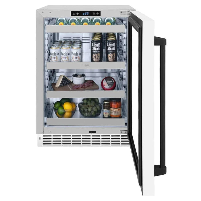 ZLINE 24" Touchstone 151 Can Beverage Fridge White Matte Glass Door Matte Black Handle RBSOZ-WM-24-MB