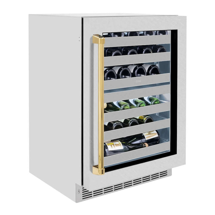 ZLINE 24" Touchstone Dual Zone 44 Bottle Wine Cooler DuraSnow® Stainless Steel Glass Door Polished Gold Handle RWDOZ-SN-24-G