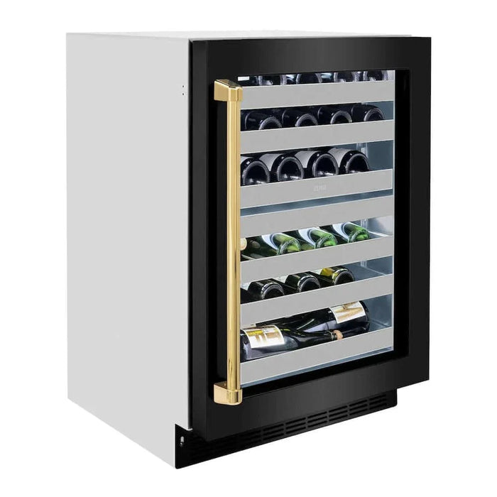 ZLINE 24" Touchstone Dual Zone 44 Bottle Wine Cooler Black Stainless Steel Glass Door Polished Gold Handle  RWDOZ-BS-24-G