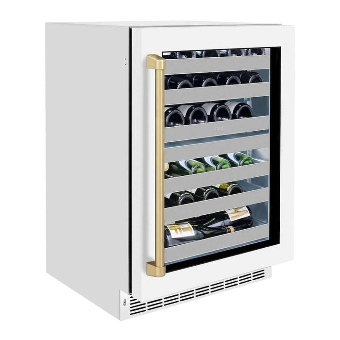 ZLINE 24" Touchstone Dual Zone 44 Bottle Wine Cooler White Matte Glass Door Champagne Bronze Handle RWDOZ-WM-24-CB