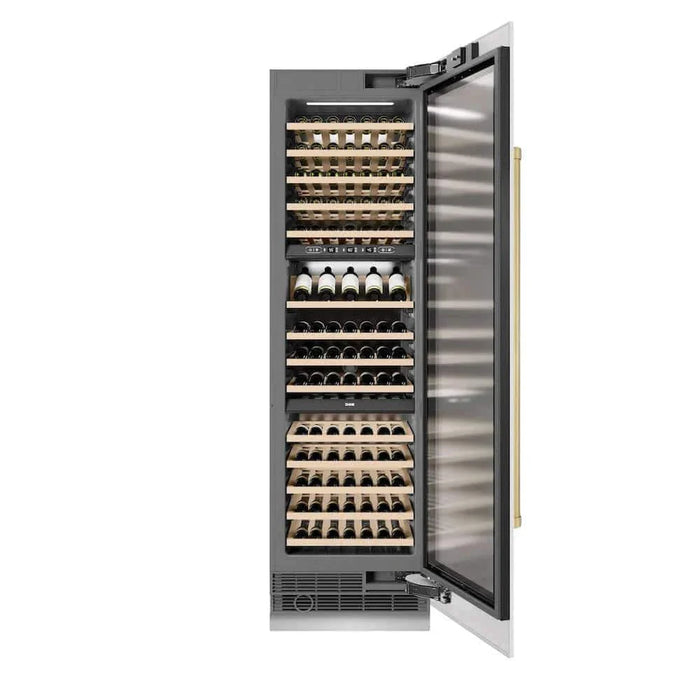 ZLINE 24"Triple Zone 100 Bottle Column Wine Cooler, White Matte Stainless Steel Champagne Bronze RCWVZ-WM-24-CB