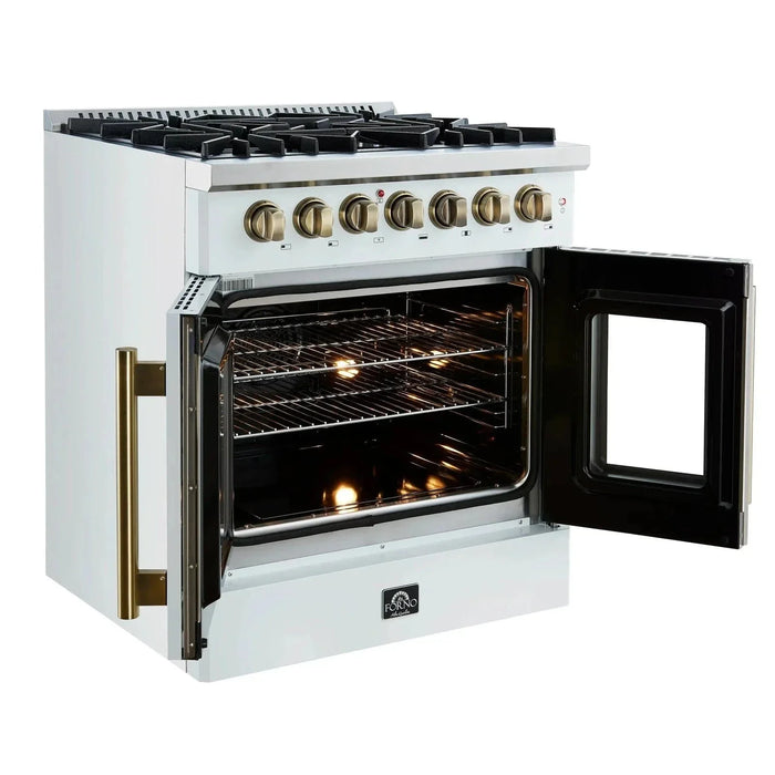 Forno Galiano 30"French Door Dual Fuel Range 5 Gas Burners, Electric Convection Oven White, Antique Brass Trim, FFSGS6356-30WHT