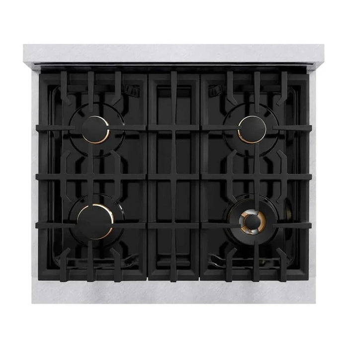 ZLINE 30" Dual Fuel Range, Gas Cooktop, Electric Convection Oven DuraSnow® Stainless Steel, Brass Burners CDRS-BR-30