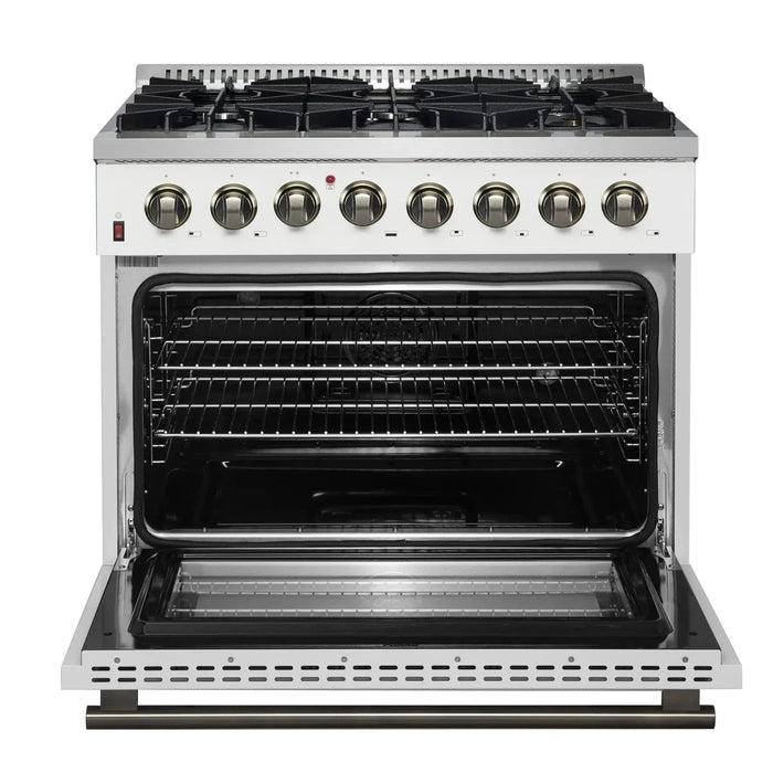 Forno Galiano Gold Professional - 36"Freestanding Dual Fuel Range Gas Stove, Electric Oven White, Antique Brass Trim, FFSGS6156-36WHT