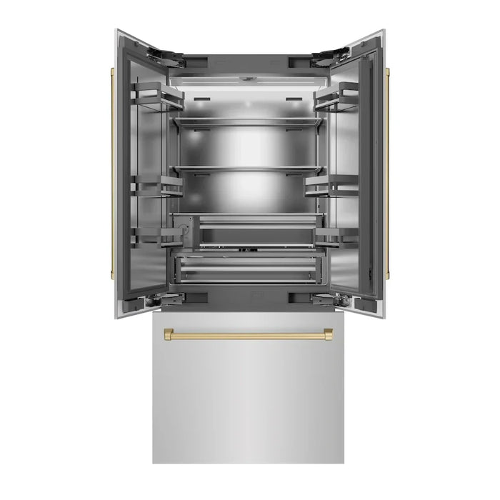 ZLINE 36" French Door Built-In Bottom Freezer Refrigerator, Water Dispenser, Ice Maker, Stainless Steel, Accents SRBIVZ-304-36CB09K