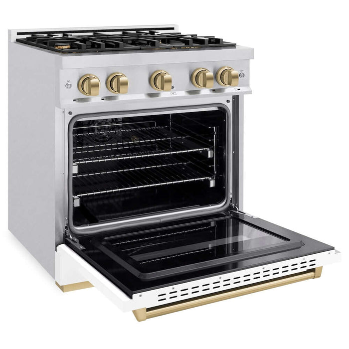 ZLINE 30" Dual Fuel Range, Gas Cooktop, Electric Convection Oven DuraSnow® Stainless Steel, White Matte Door, Gold CDRSZ-WM-30-G