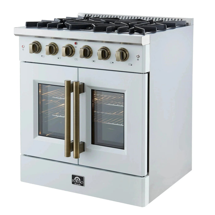 Forno Galiano 30" French Door Gas on Gas Range White Antique Brass Trim FFSGS6444-30WHT