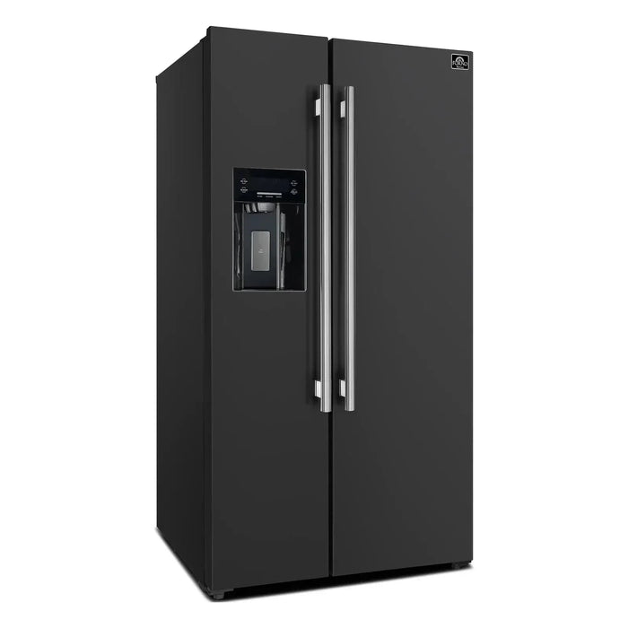 Forno Espresso Salerno 36"Side-by-Side Refrigerator, Water Dispenser, Black with Antique Brass Handle FFRBI1844-36BLK09K
