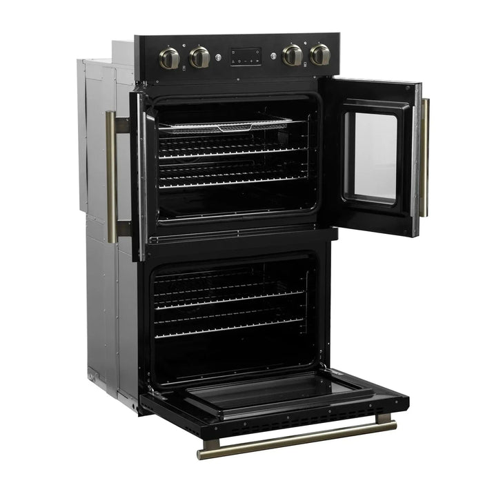 Forno Asti 30" Double Electric Wall Oven, Upper French Doors, Black with Antique Brass Trim, FBOEL1340-30BLK